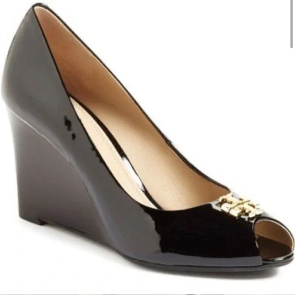 Tory Burch Jade Peep Toe Patent Leather Wedge Pumps Black Size 8 - Picture 12 of 12